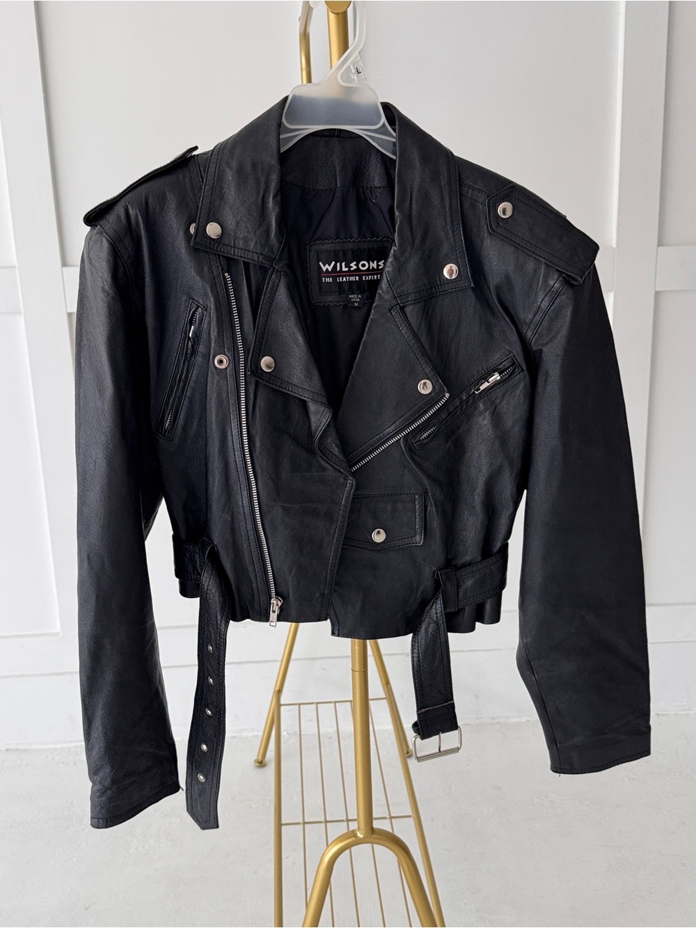 Vintage Wilson’s leather Classic Black Moto motorcycle Jacket with Belt medium - Picture 13 of 13